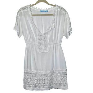Solitaire Swim Cover up Crochet Lace Boho Dress V-Neck Elastic Waist‎ Pullover